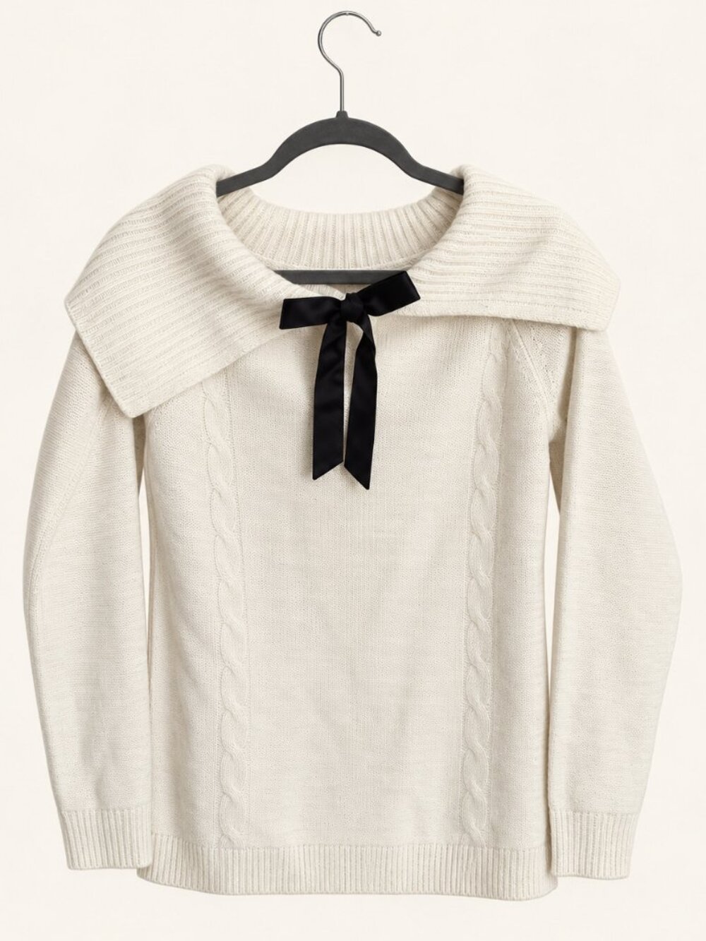 Soho Jeans Ivory Cable Knit Foldover Collar Bow Sweater Size S